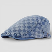 Blue denim flat cap with woven checkered pattern and adjustable strap