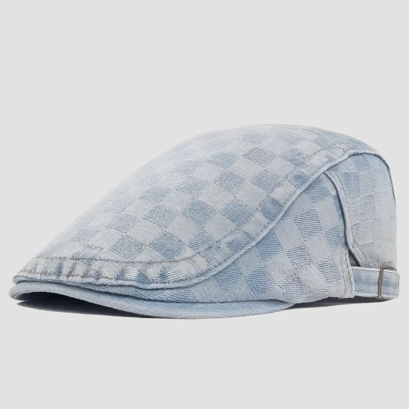 Blue checkered flat cap.