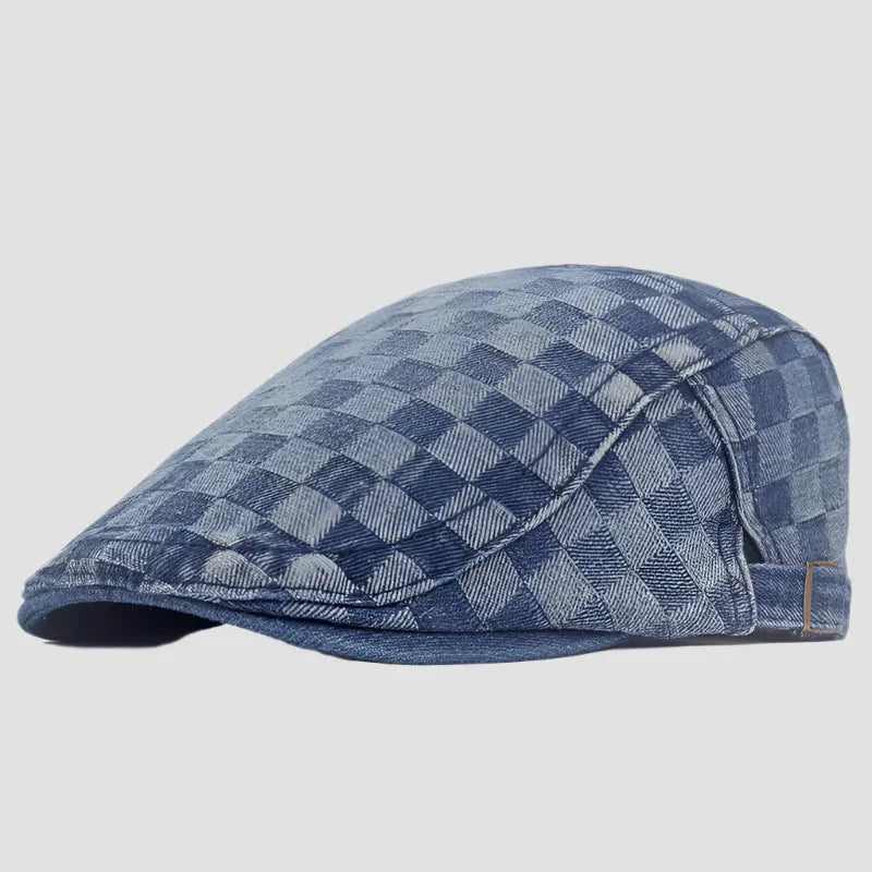 Blue checkered flat cap.
