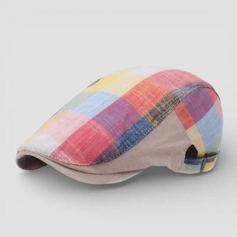 Colorful plaid Checkered Beret Cap with beige brim and adjustable strap