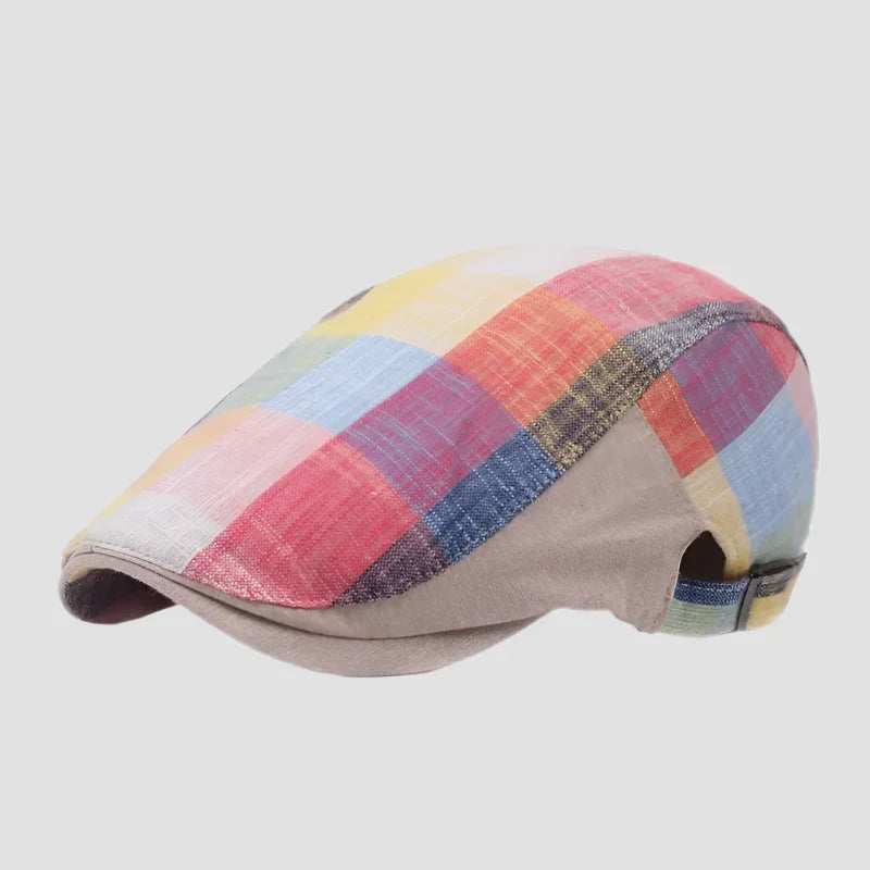 Colorful plaid flat cap.