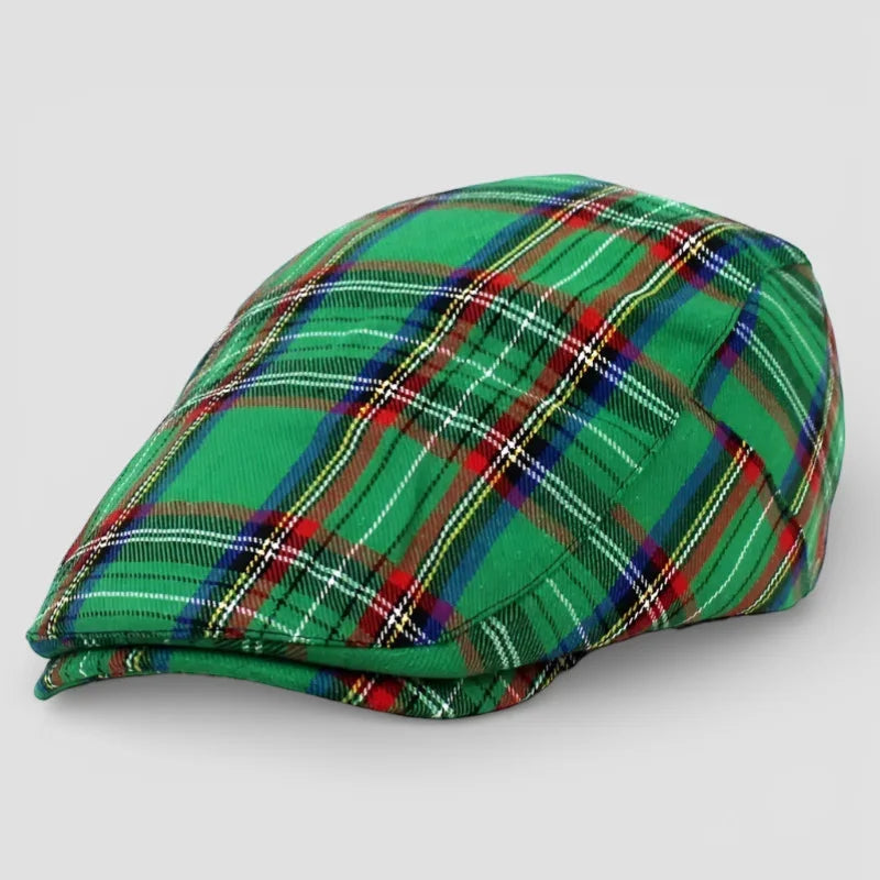 Green plaid flat cap with red, blue, white stripes - Checkered Beret Cap