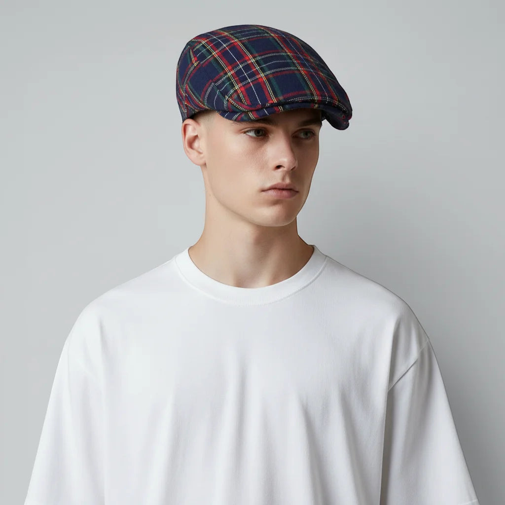 Navy blue, red and green plaid flat cap with structured crown, Checkered Beret Cap