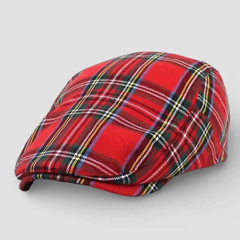 Red plaid Checkered Beret Cap with green, yellow, white, black stripes