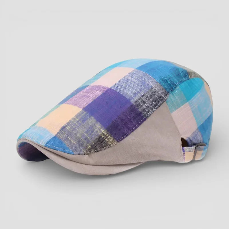 Checkered Beret Cap with vibrant blue, purple, beige plaid and tan brim