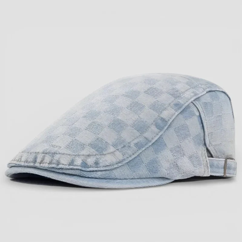 Light blue denim Checkered Beret flat cap with subtle check pattern