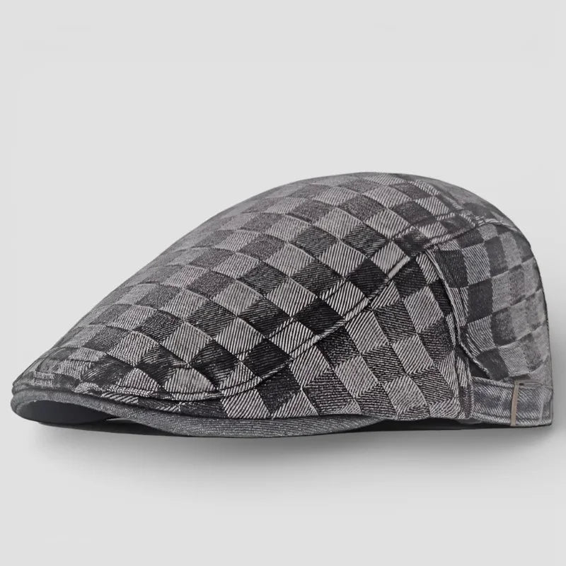 Stylish gray black checkered flat cap beret woven textured fabric