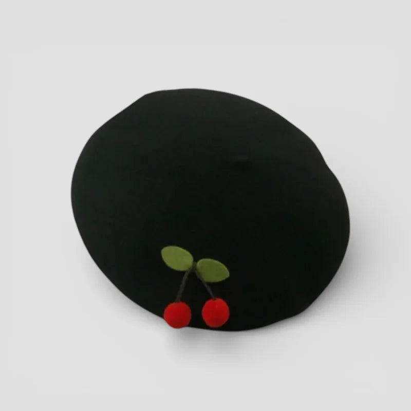 Cherry Beret with black beret, red cherry appliques and green leaves