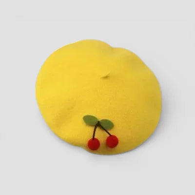 Bright yellow Cherry Beret with red cherries and green leaves