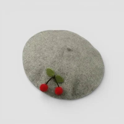 Gray felt Cherry Beret with red cherries and green leaves