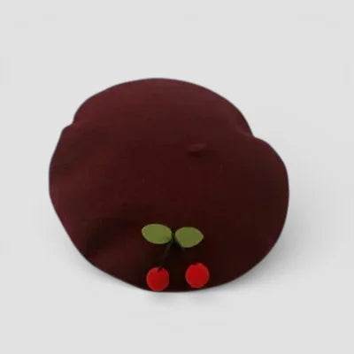 Cherry Beret plush maroon beret with red cherry appliques and green stems
