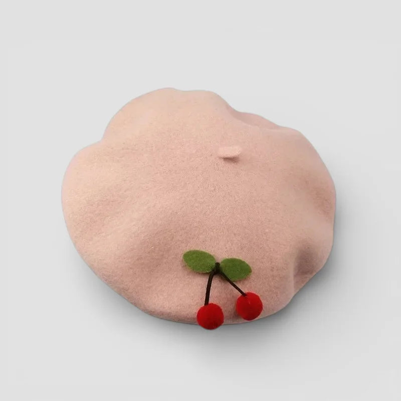 Cherry Beret: soft pink beret with charming cherry applique