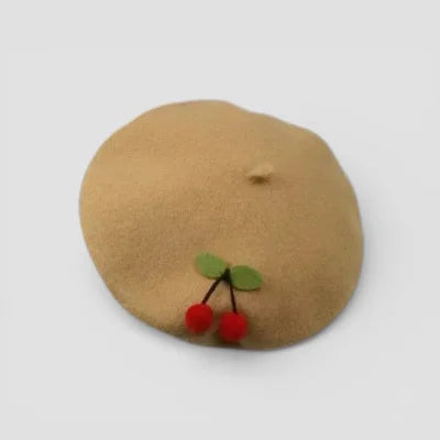 Cherry Beret: tan felt beret with embroidered red cherry cluster