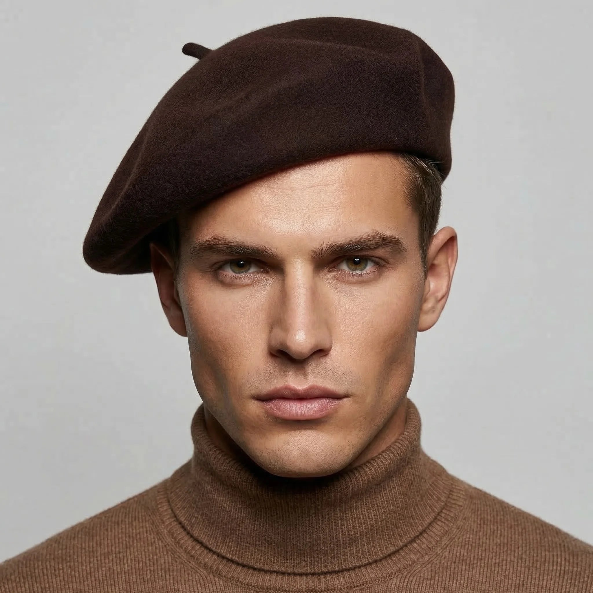 Chocolate brown wool beret with textured surface and black button