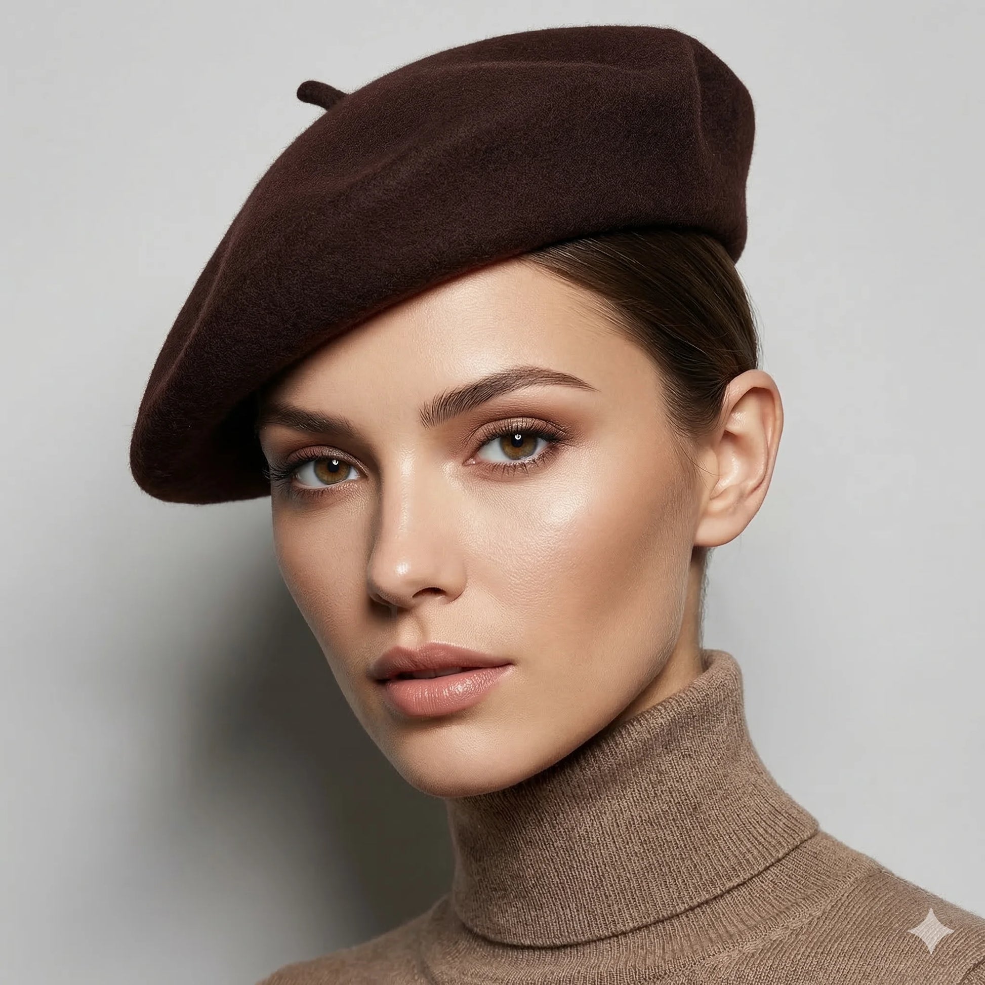 Chocolate brown beret with rich felt texture and top button