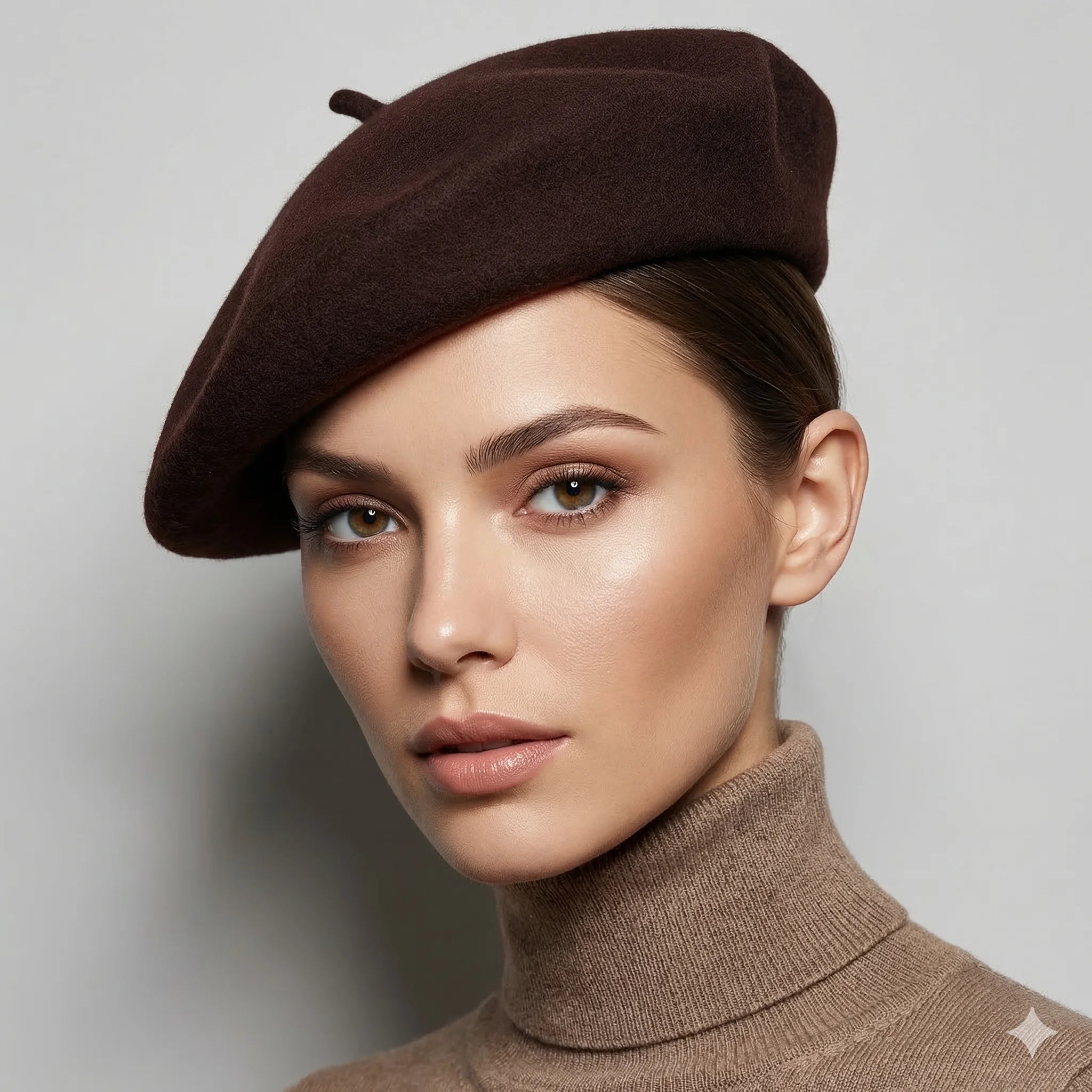 Chocolate brown beret with rich felt texture and top button