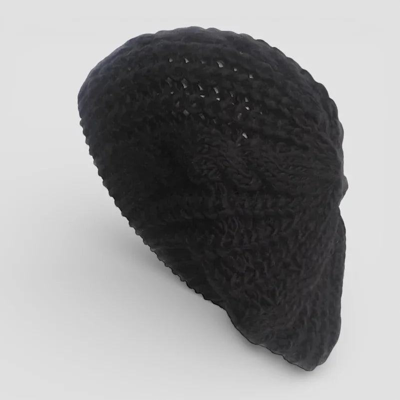 Black crocheted Classic French Beret with textured openwork pattern