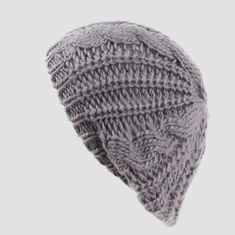 Gray knitted beanie.