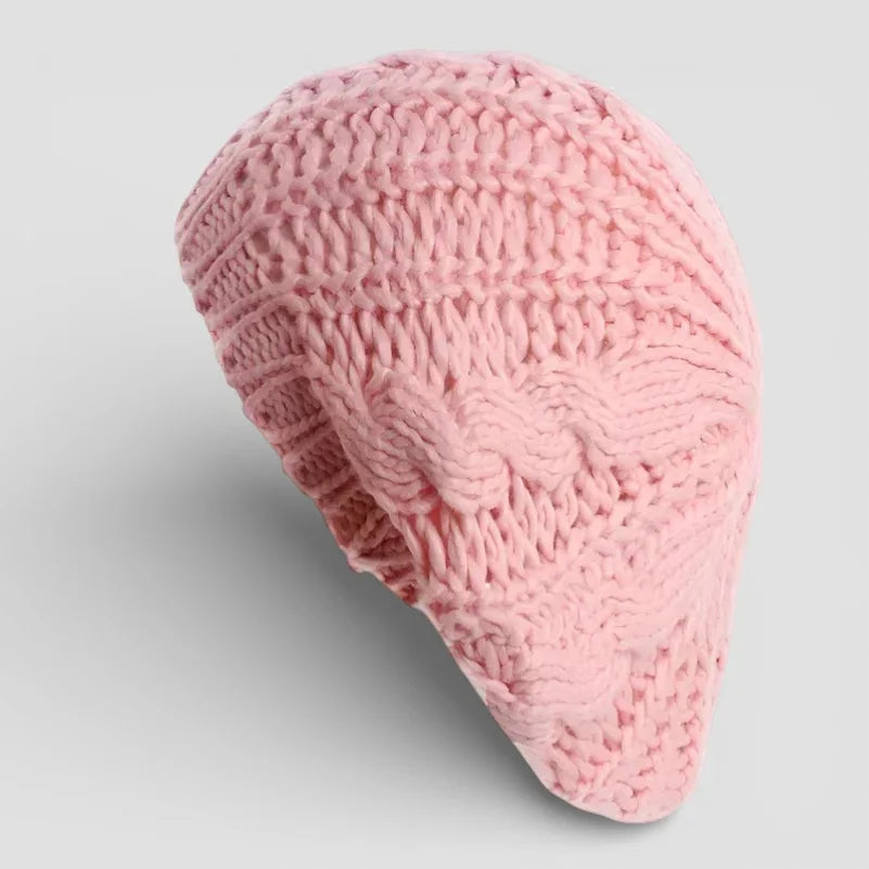 Classic French Beret Crochet Pattern in soft pink chunky-knit cable texture