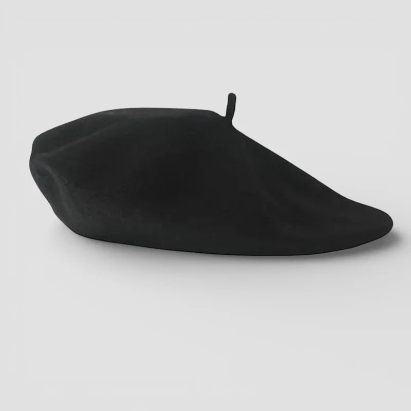 Classic French Beret in sleek black with matte finish and top button