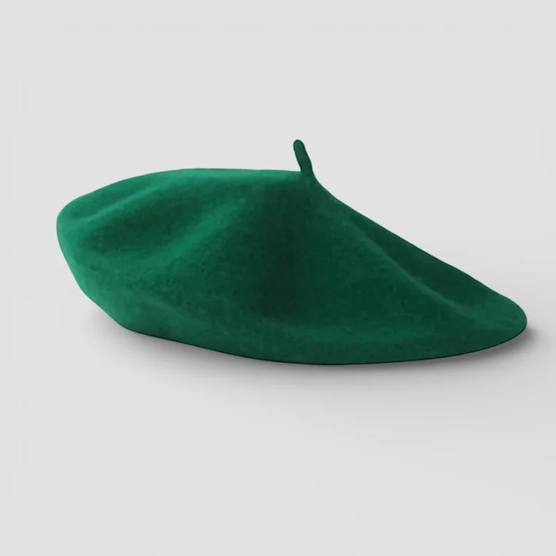 Classic French Beret in solid emerald green with soft felt texture