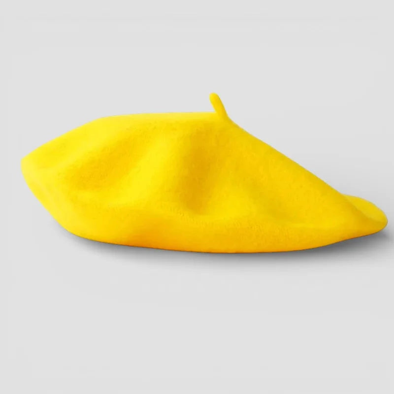 Classic French Beret in vibrant yellow with plush texture and top button