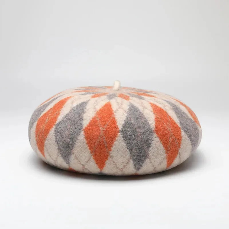 Classic Wool Beret with orange gray diamond pattern
