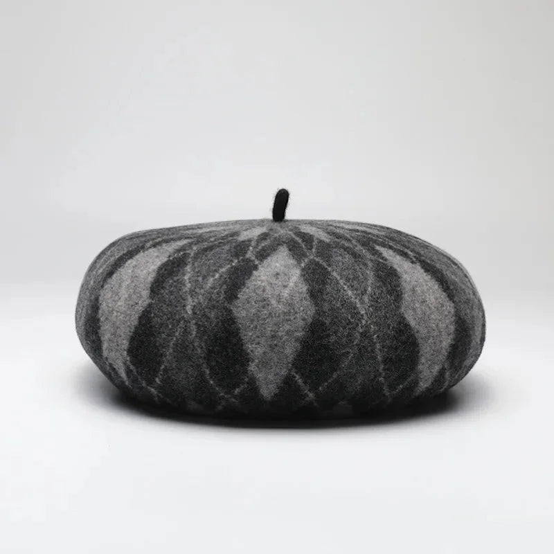 Classic wool beret with gray and black geometric diamond pattern
