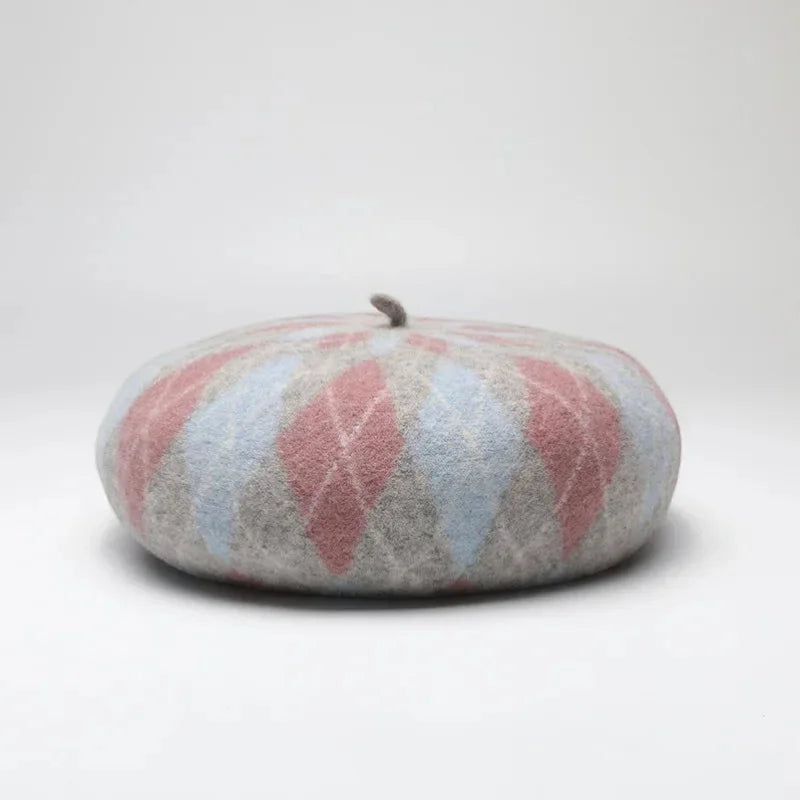 Classic Wool Beret with soft felt argyle in pink, blue on gray