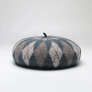 Classic wool beret with soft argyle pattern in muted blue and beige