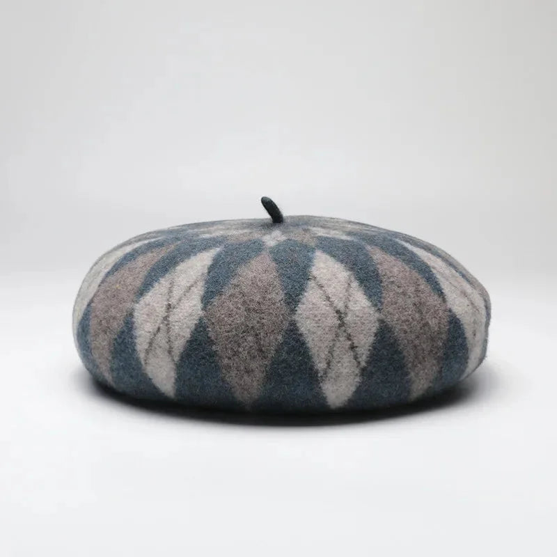 Classic wool beret with soft argyle pattern in muted blue and beige