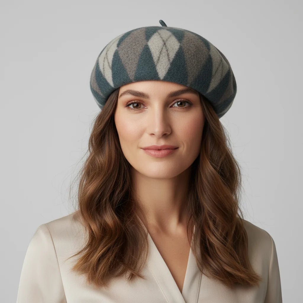 Classic wool beret in teal gray argyle pattern with black button top