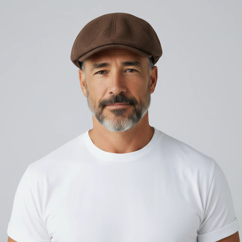 Brown felt flat Coffee Beret Cap displayed on product model