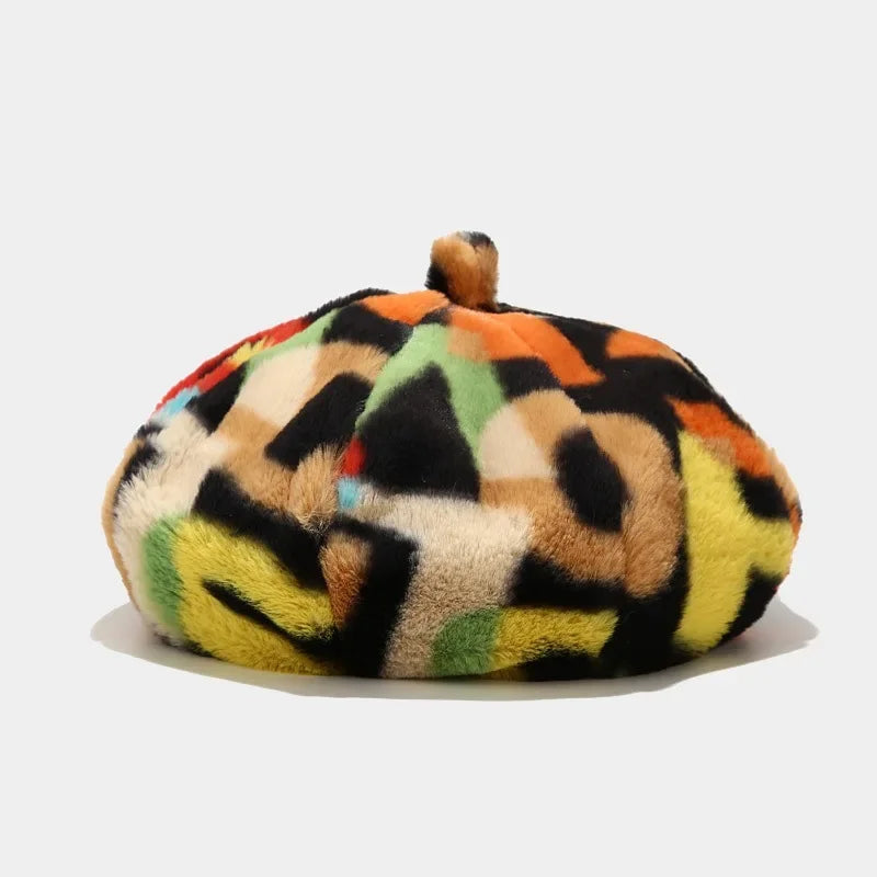 Colorful faux fur beret.