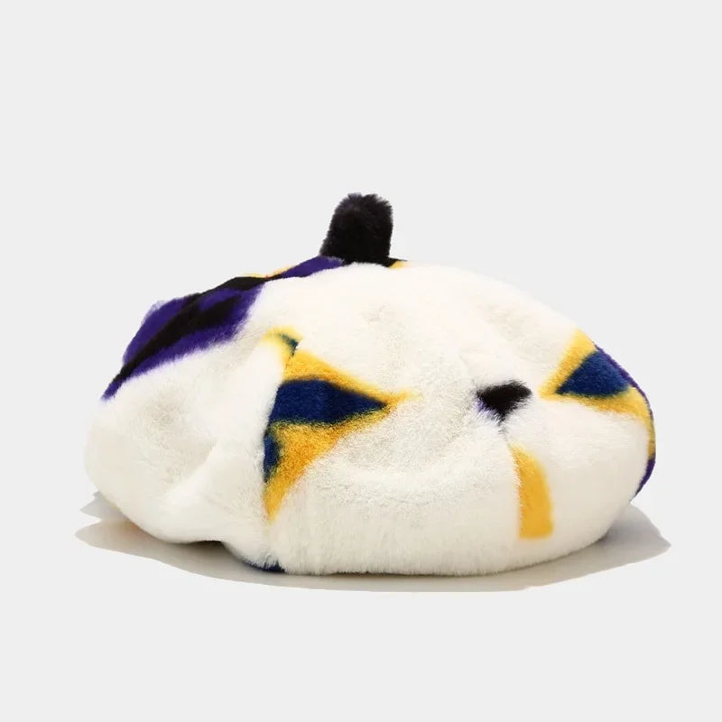 Fuzzy cat-patterned beret.