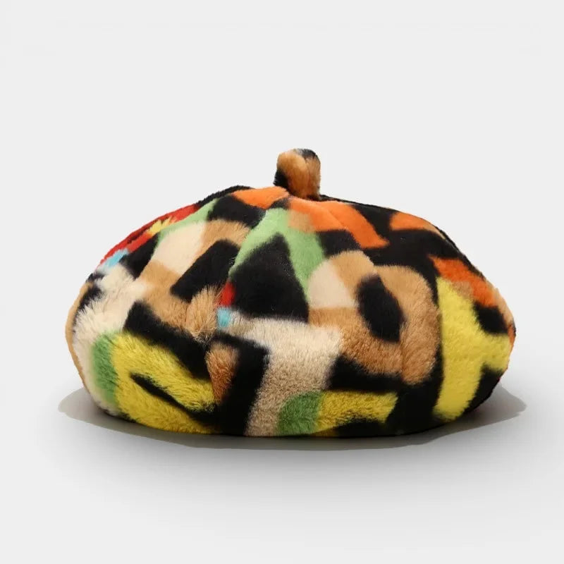 Colorful Berets pumpkin-shaped plush beret with vibrant abstract pattern