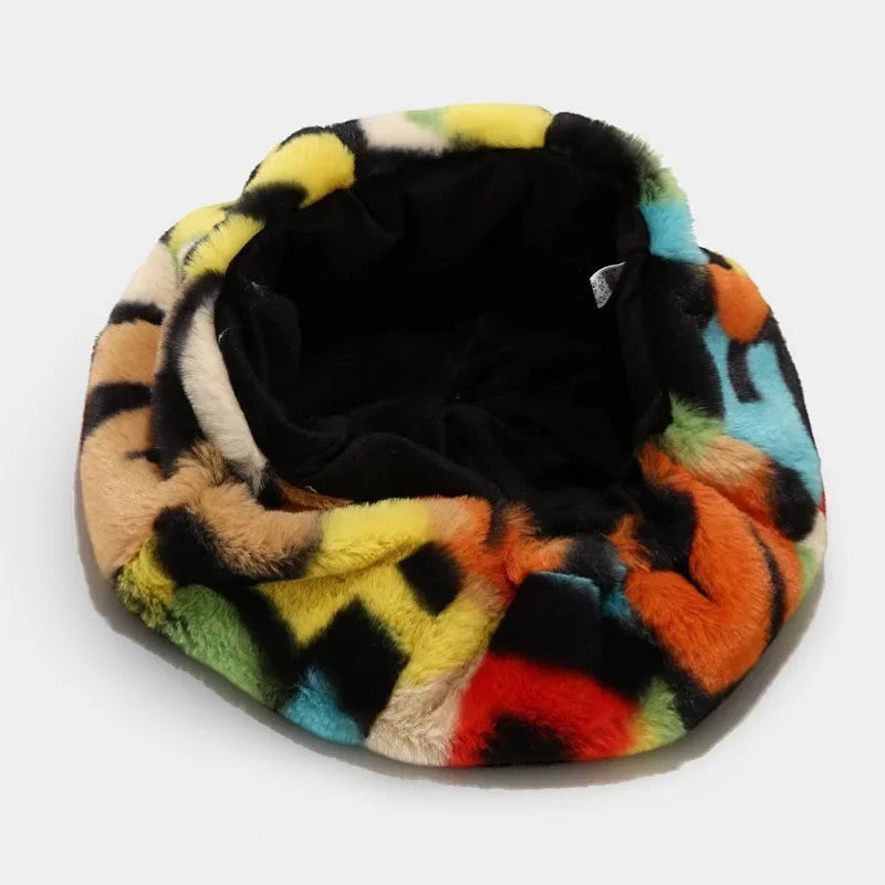 Vibrant multicolored faux fur beret with bold geometric patterns in Colorful Berets