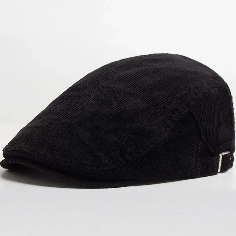 Black corduroy flat cap.
