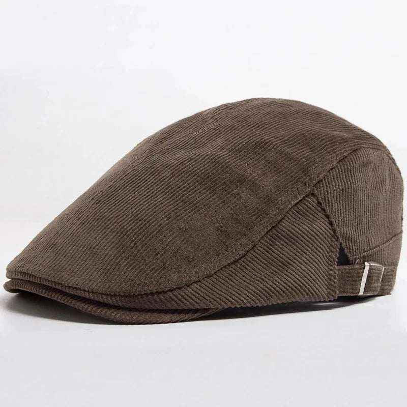 Brown corduroy flat cap.
