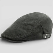 Dark gray corduroy flat cap with subtle texture and adjustable strap