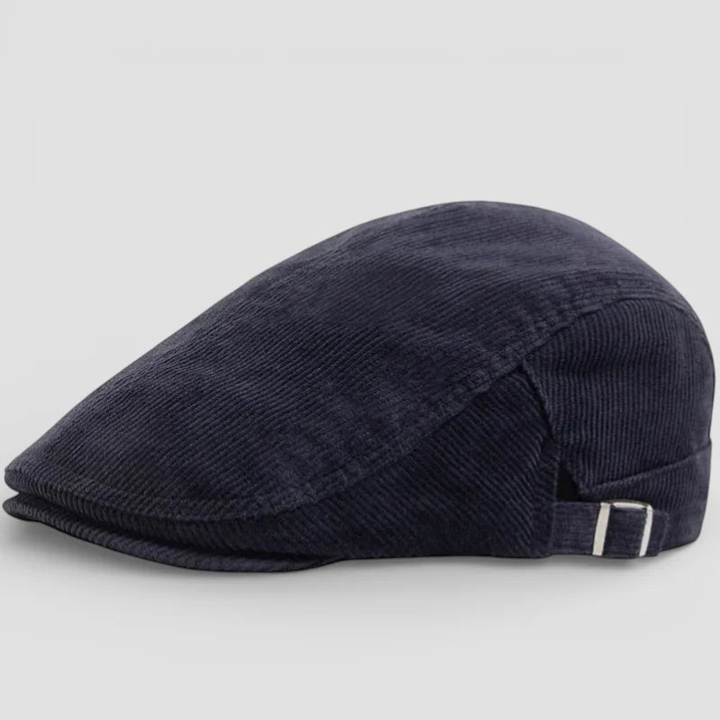 Dark navy corduroy flat cap with silver side buckle, Corduroy Beret Cap