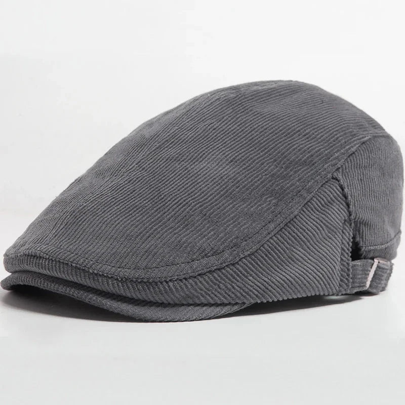 Gray corduroy flat cap.