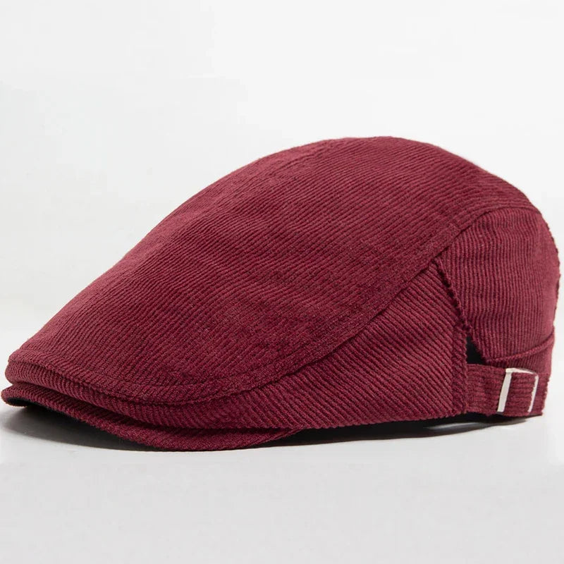 Maroon corduroy flat cap.