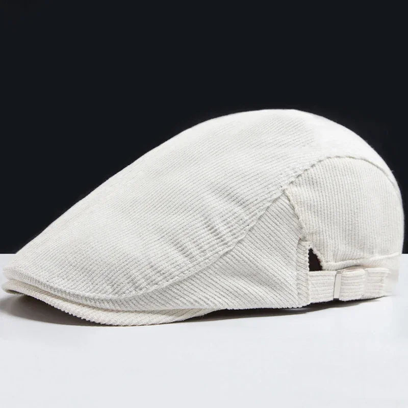 White corduroy flat cap.