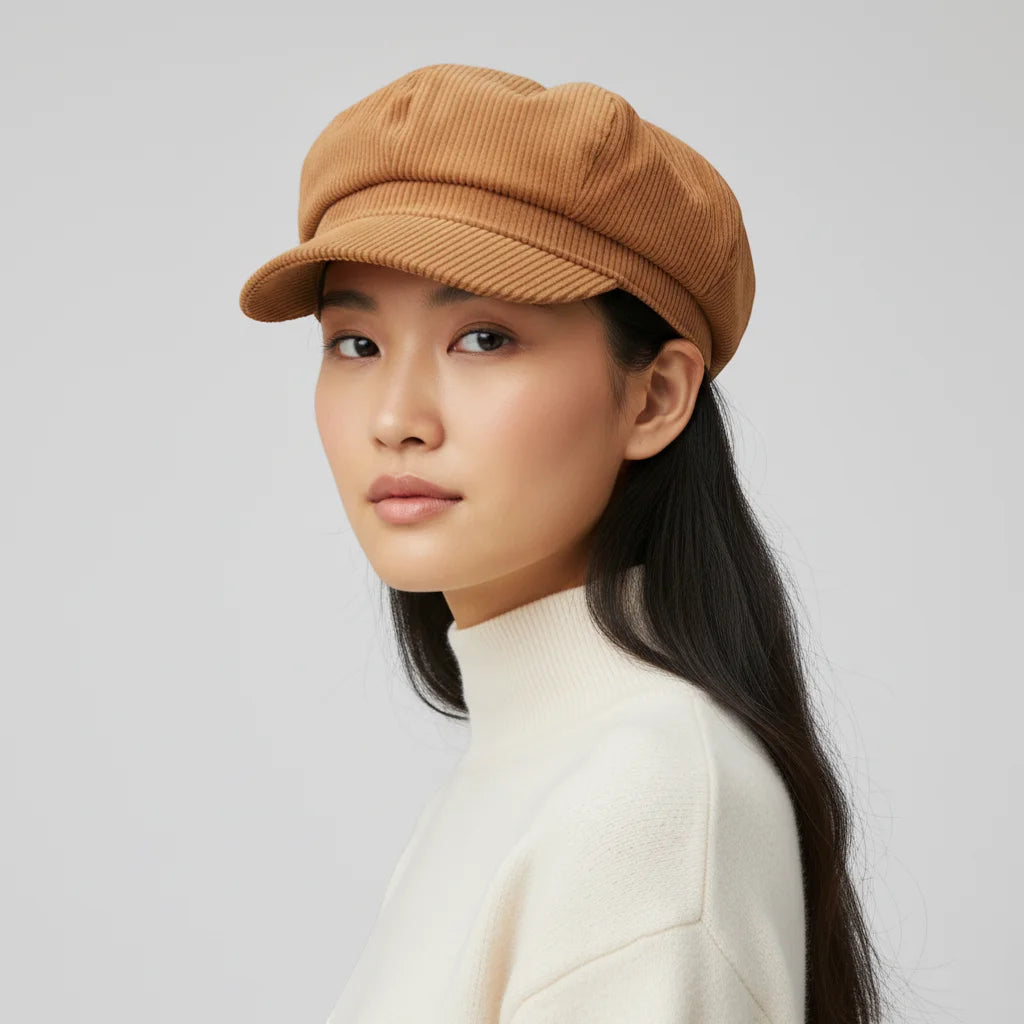 Tan corduroy newsboy cap with structured crown and soft brim