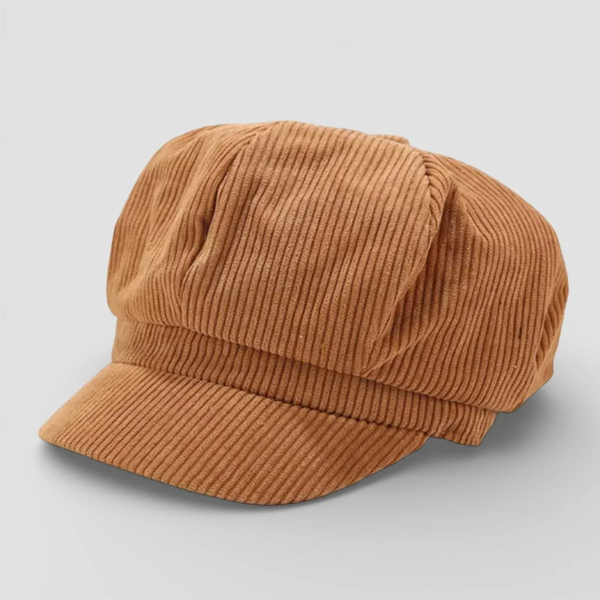 Tan corduroy newsboy cap with 8-panel design and short brim