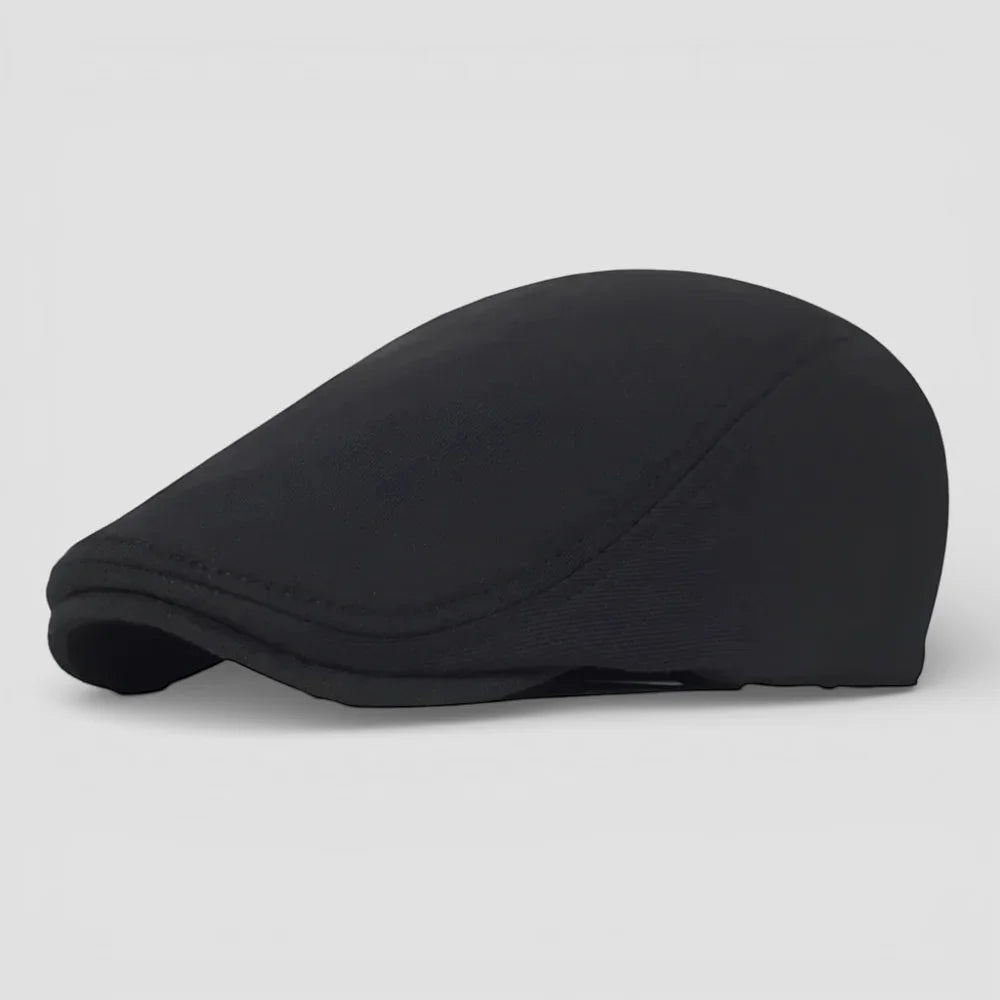 Black cotton beret cap with matte finish and subtle stitching