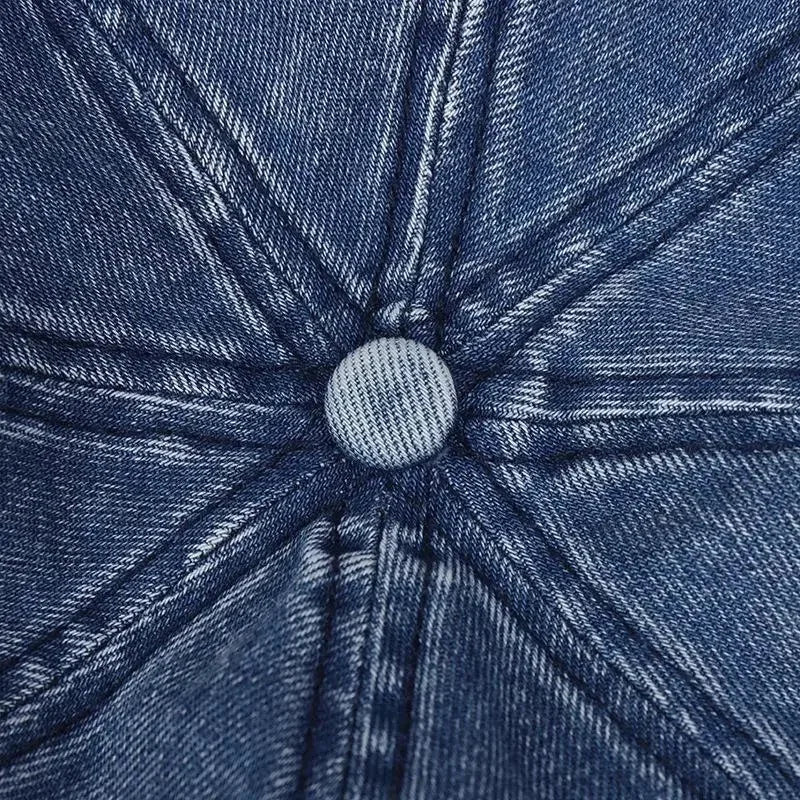 Blue denim baseball cap with center button on Cotton Denim Beret