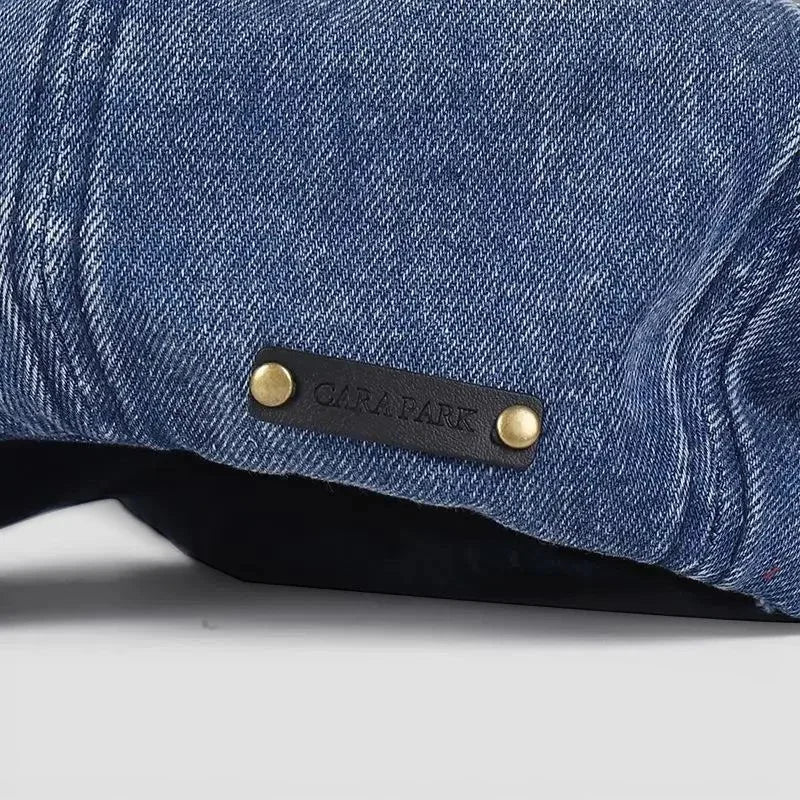 Blue denim beret with Cara Park black leather patch