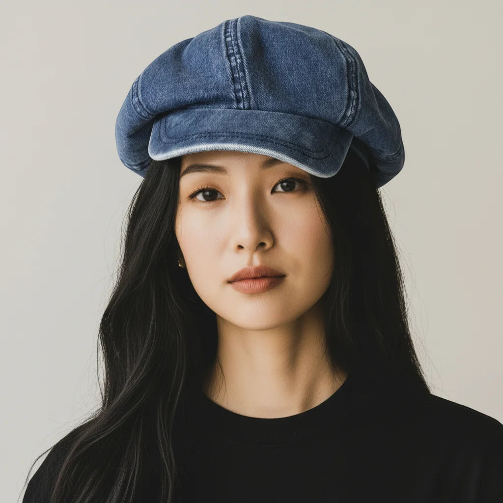 Vintage blue denim newsboy cap with light stitching on Cotton Denim Beret